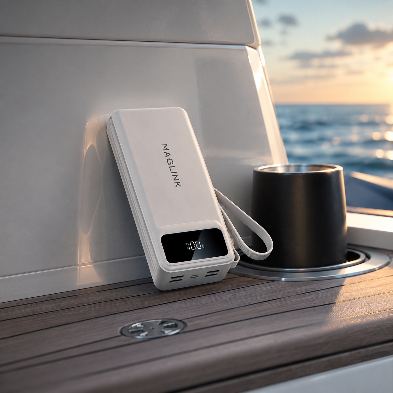 White MAGLINK power bank on a yacht at sunset