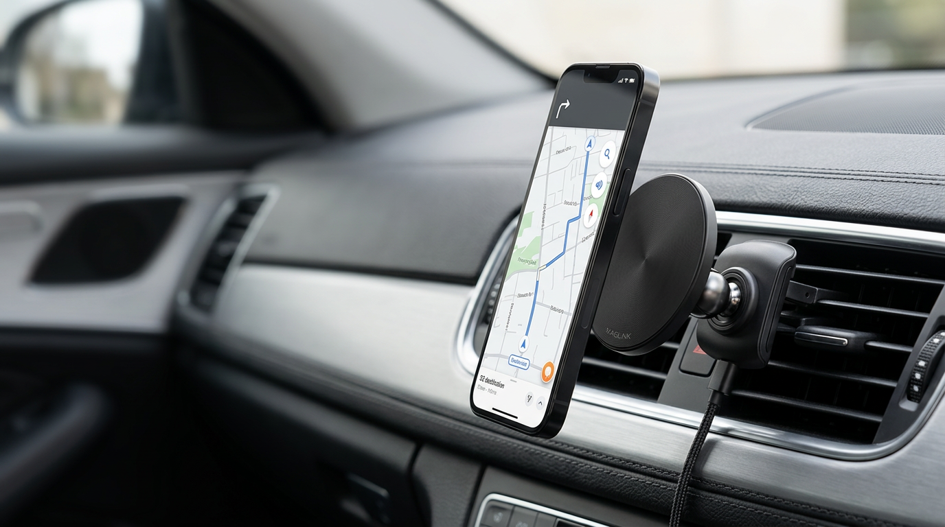 MAGLINK DriveCharge holding a phone with navigation on screen inside a car