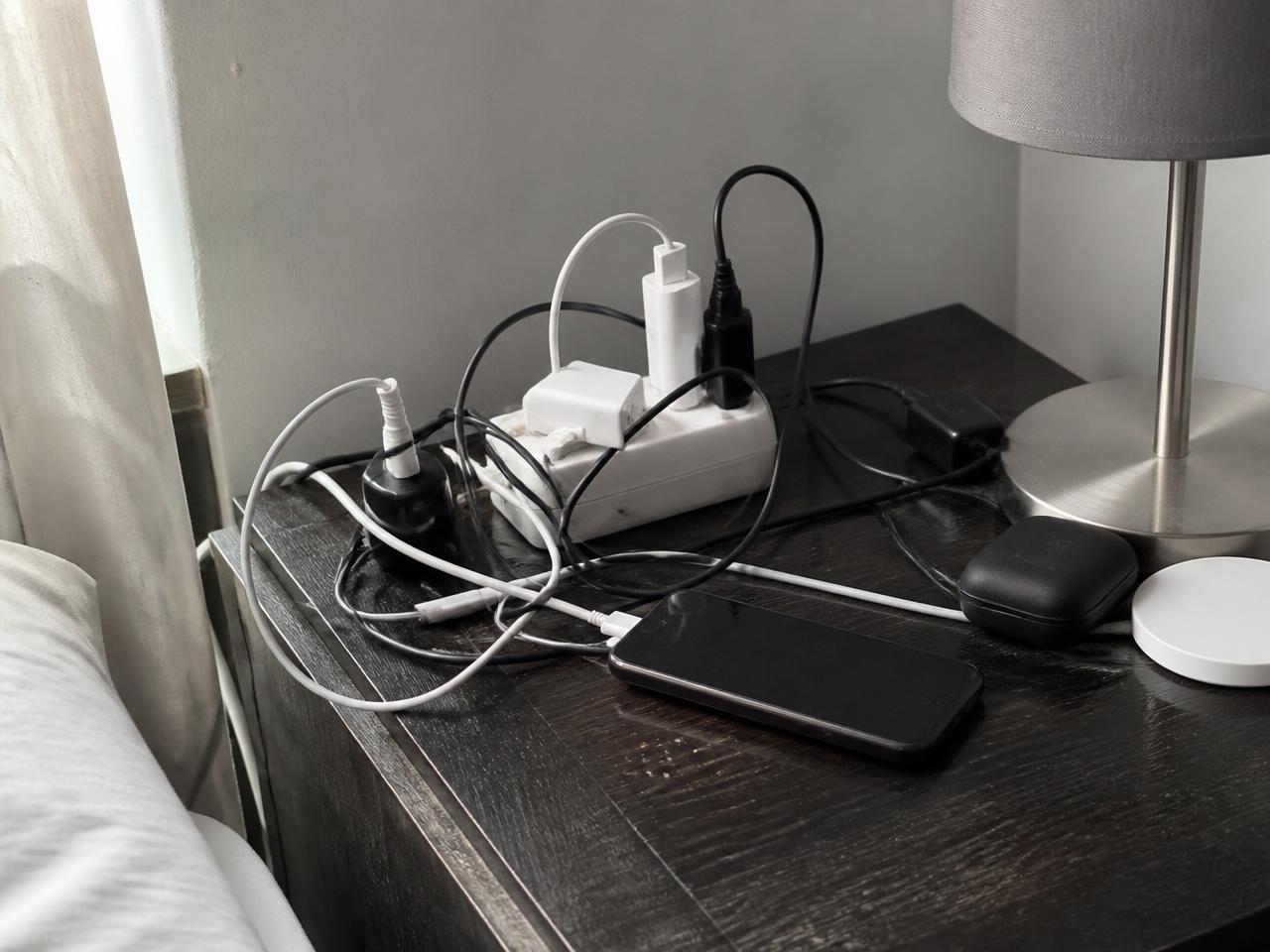 Cluttered bedside table with tangled charging cables and multiple plugs