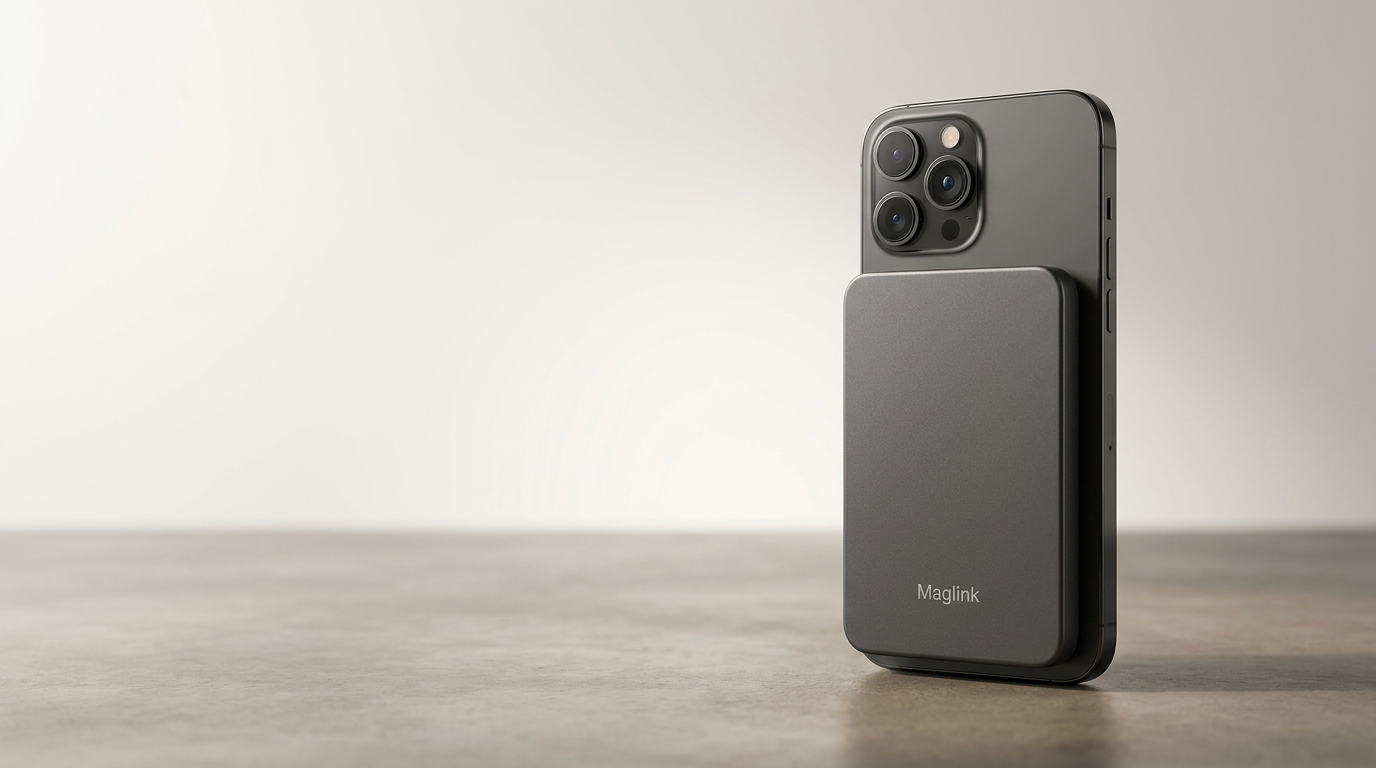 MAGLINK 10 000mAh magnetic wireless power bank attached to the back of a smartphone