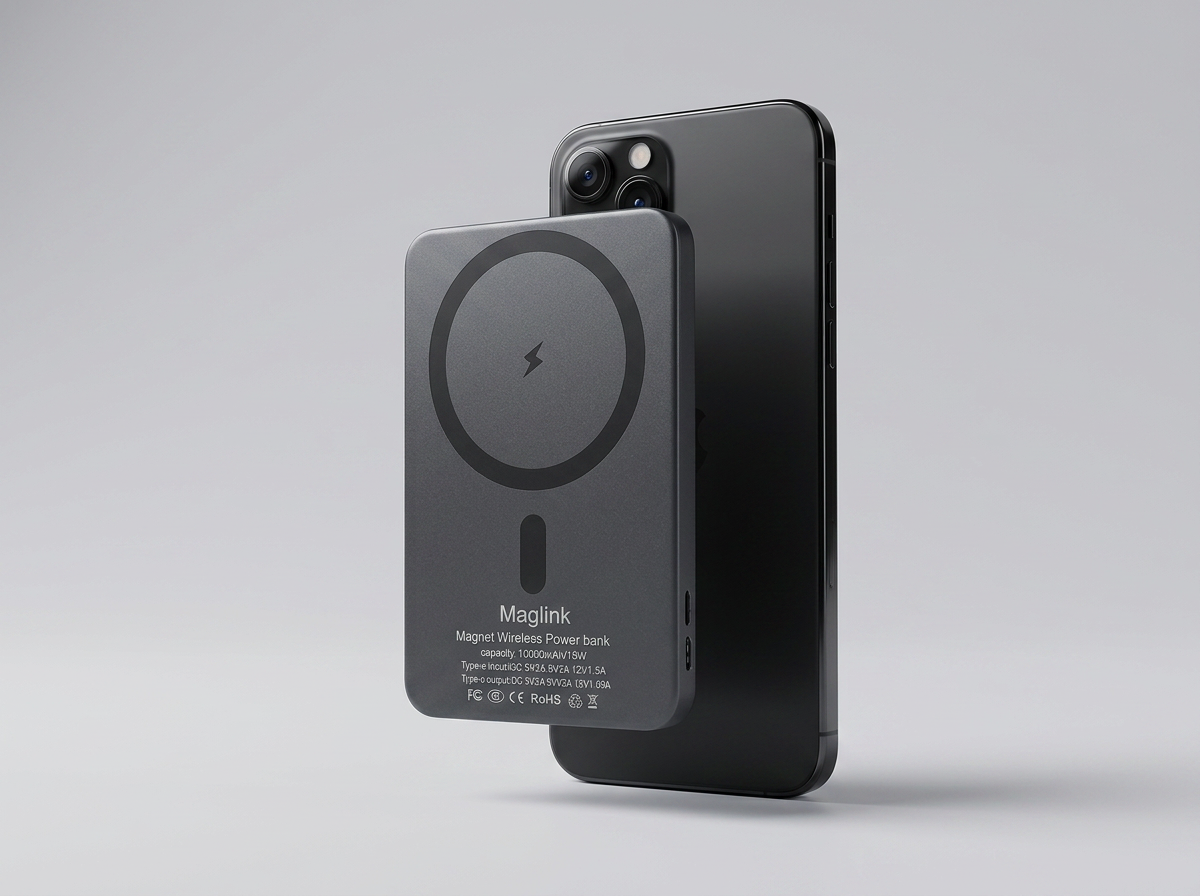 Close-up of the MAGLINK magnetic wireless power bank snapping onto a phone