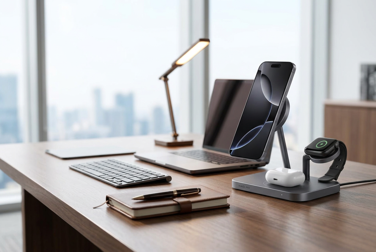 MAGLINK TrioDock charging a phone, watch and earbuds on a clean desk