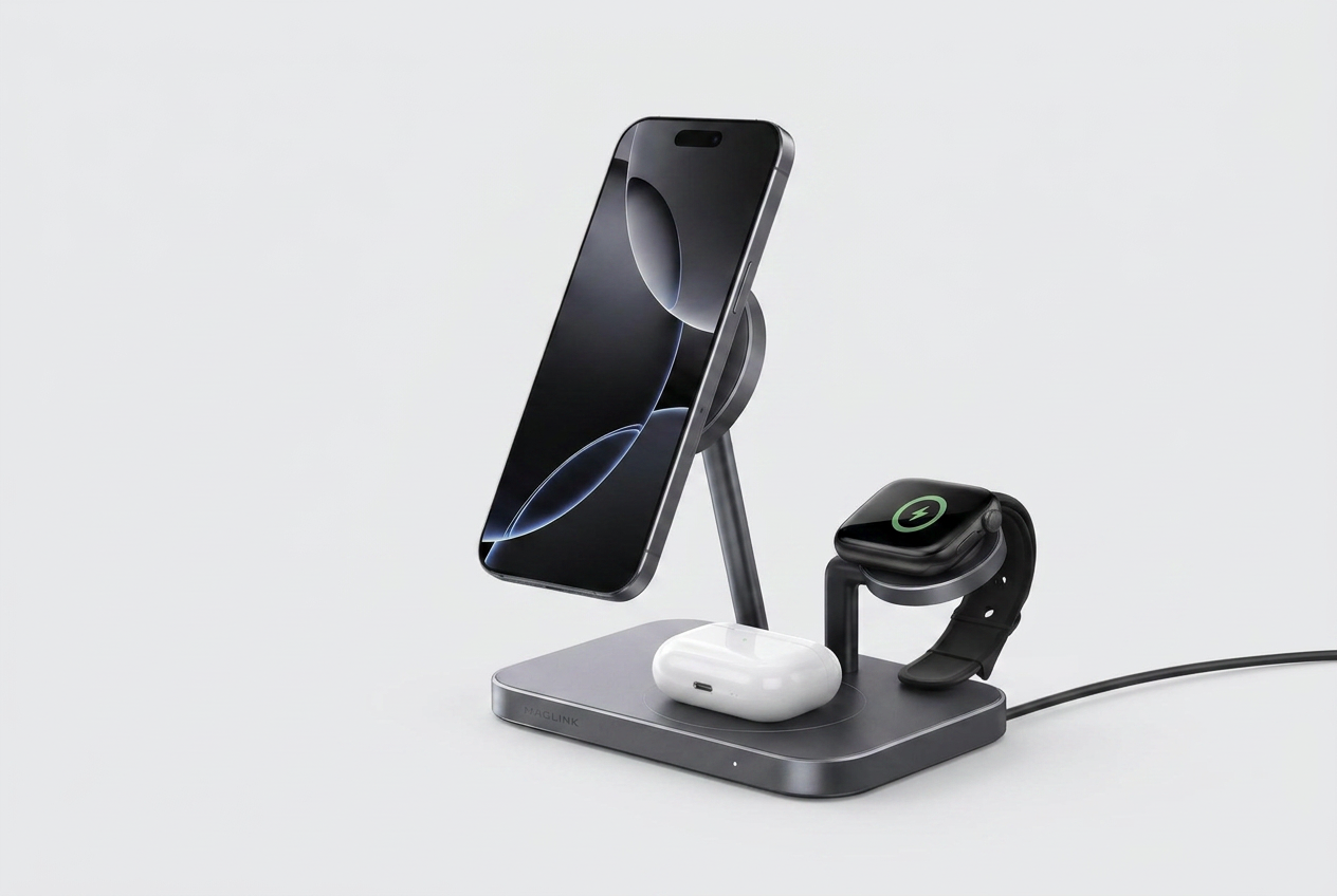 MAGLINK TrioDock charging a phone, smartwatch and wireless earbuds at once